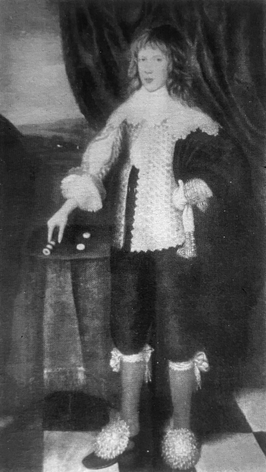 A painting of a young man with long hair in 17-century clothing standing in front of a curtain.